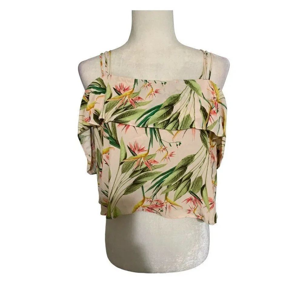 zara womens pink green birds of paradise Floral print crop tank top xs